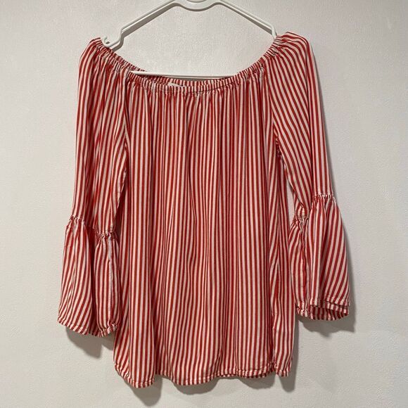 Beachlunchlounge Women’s Off Shoulder Bell Sleeve Top Red White Striped Size M - Picture 1 of 5